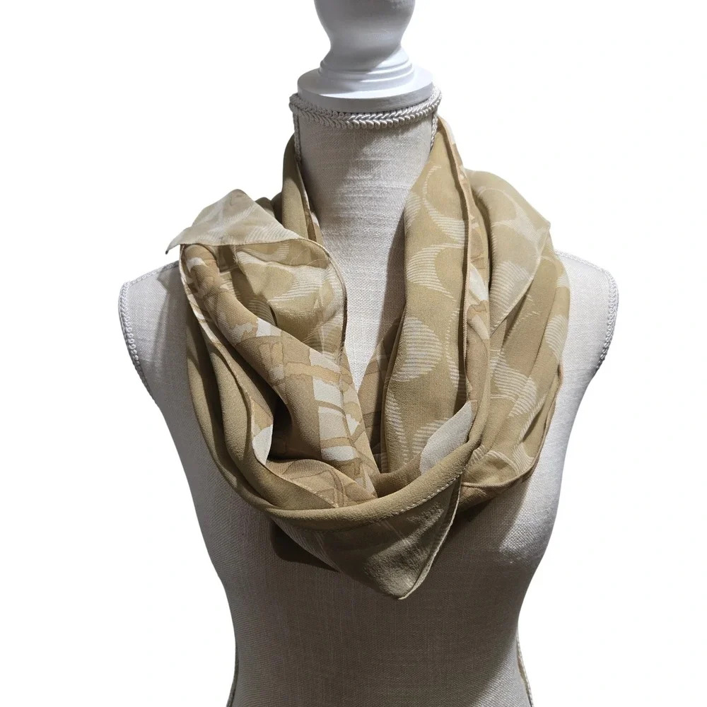 Vintage Coach Scarf Silk Blend Tan Beige Signature C Monogram 64 inches  #1049